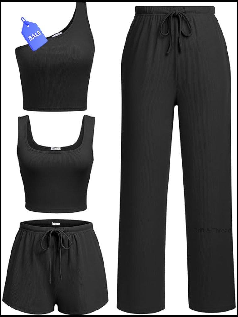 4 Piece Lounge Set Ribbed Knit Crop Tops Shorts Pants Pajama Set